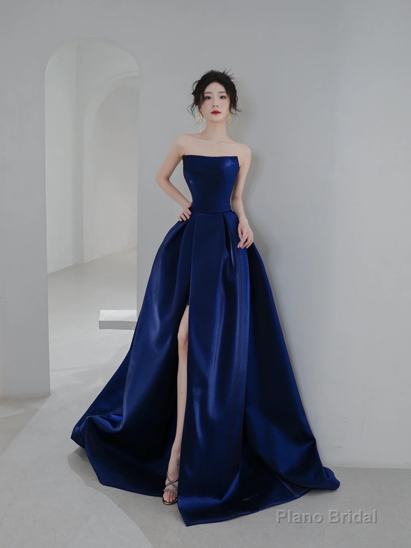 Blue Satin Long A-Line Prom Dress, Simple Blue Evening Dress Formal Dress Main image