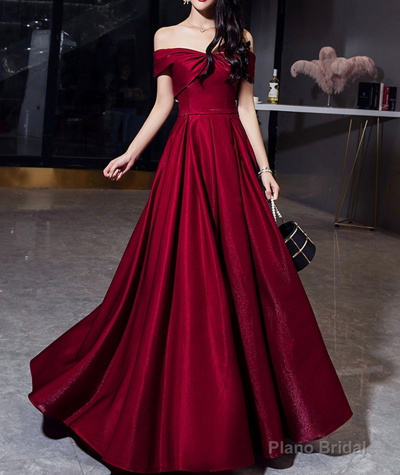 Shiny satin long prom dress burgundy evening dress Main image
