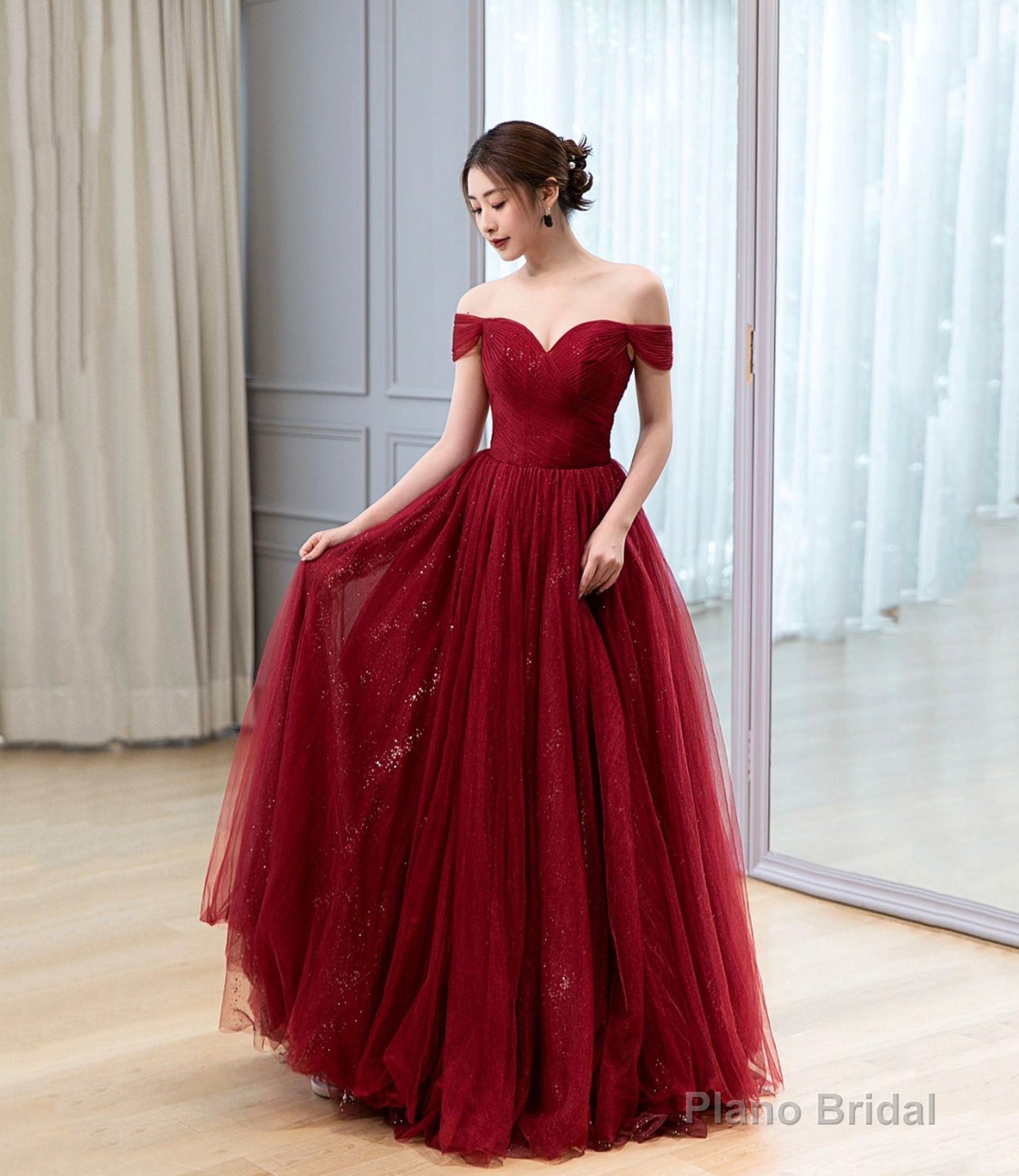 Burgundy Tulle Long Prom Dress A Line Evening Dress Main image