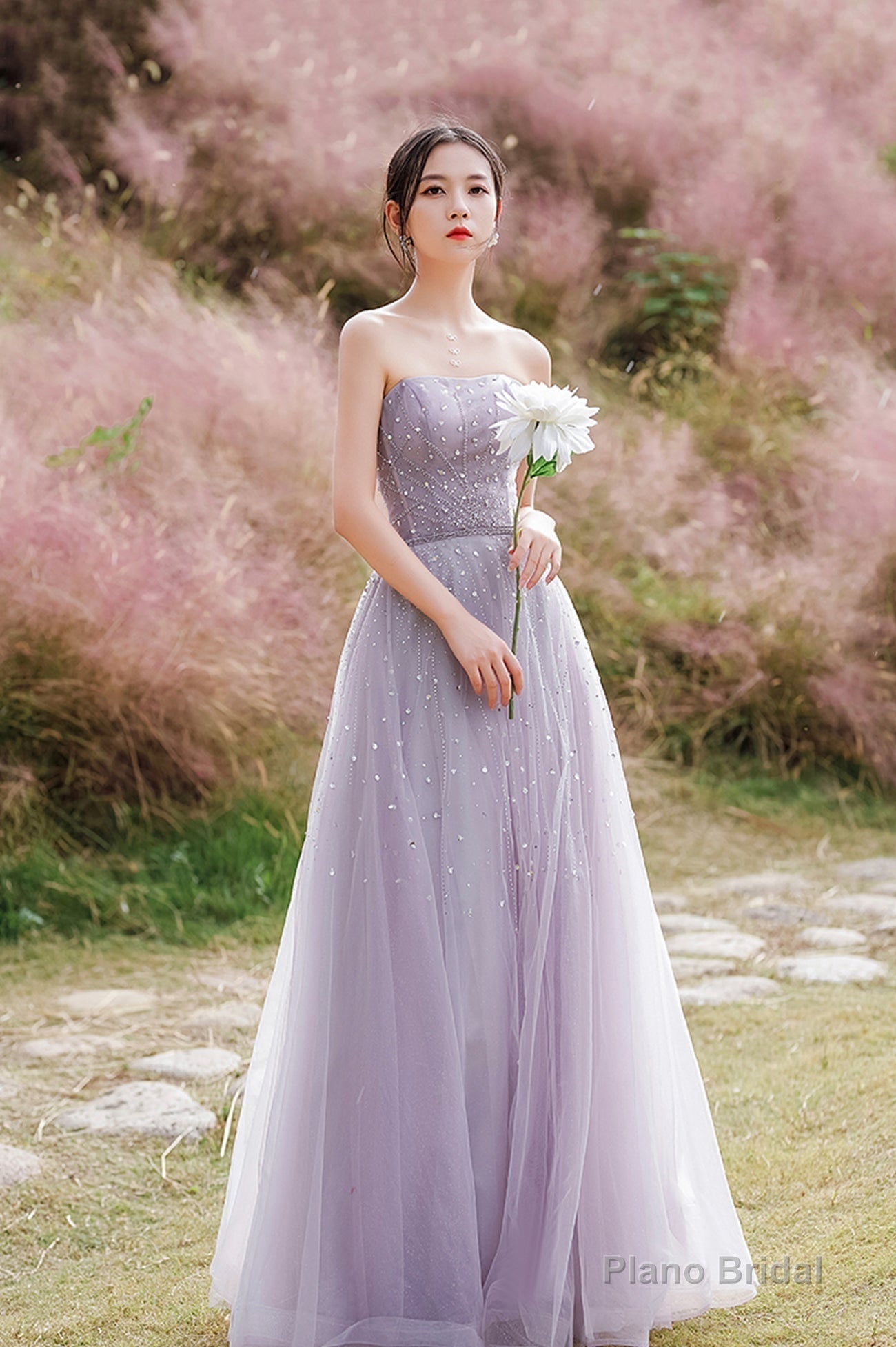 Purple tulle beads long prom dress A line evening dress Secondary image
