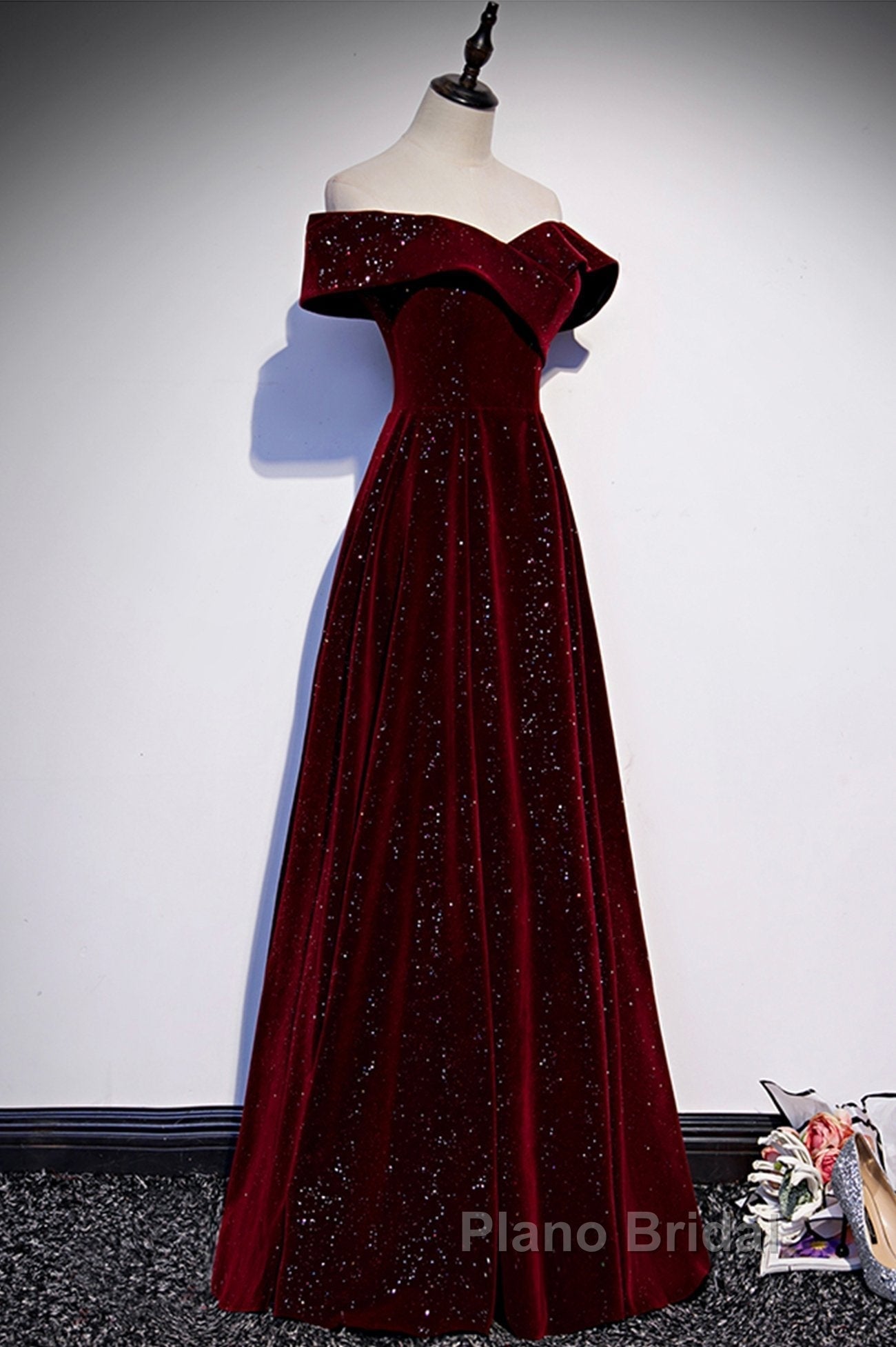 Burgundy velvet long A ling Formal Prom Dresses evening Dresses Secondary image