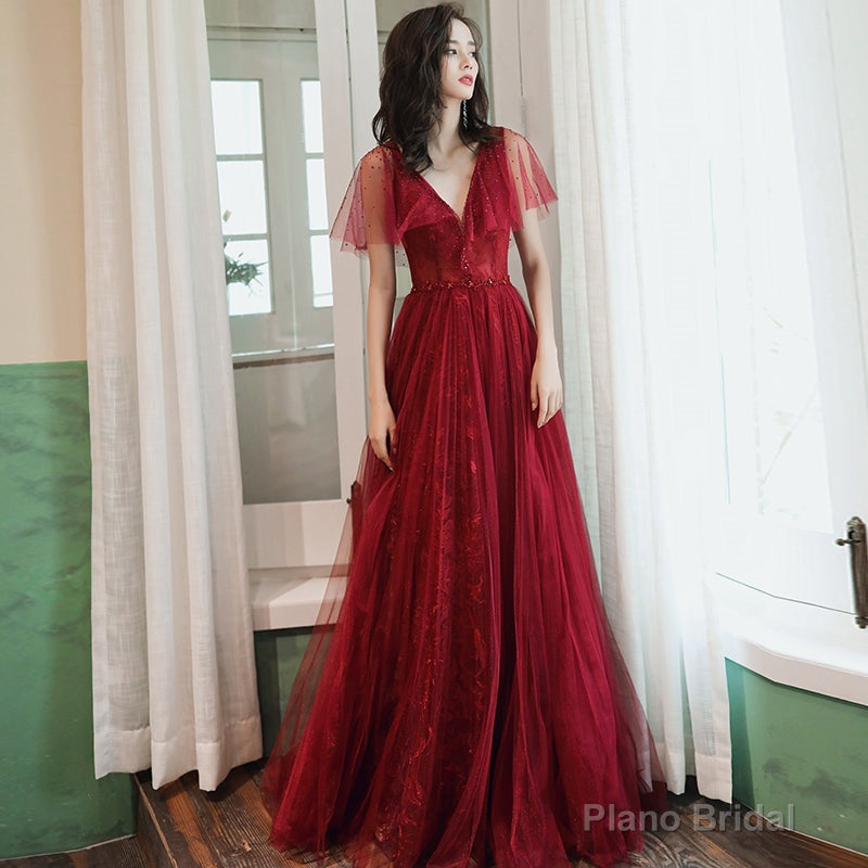 Burgundy tulle long prom dress evening dress Main image