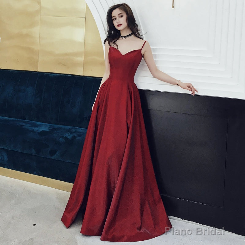 Burgundy satin long prom dress, evening dress Main image