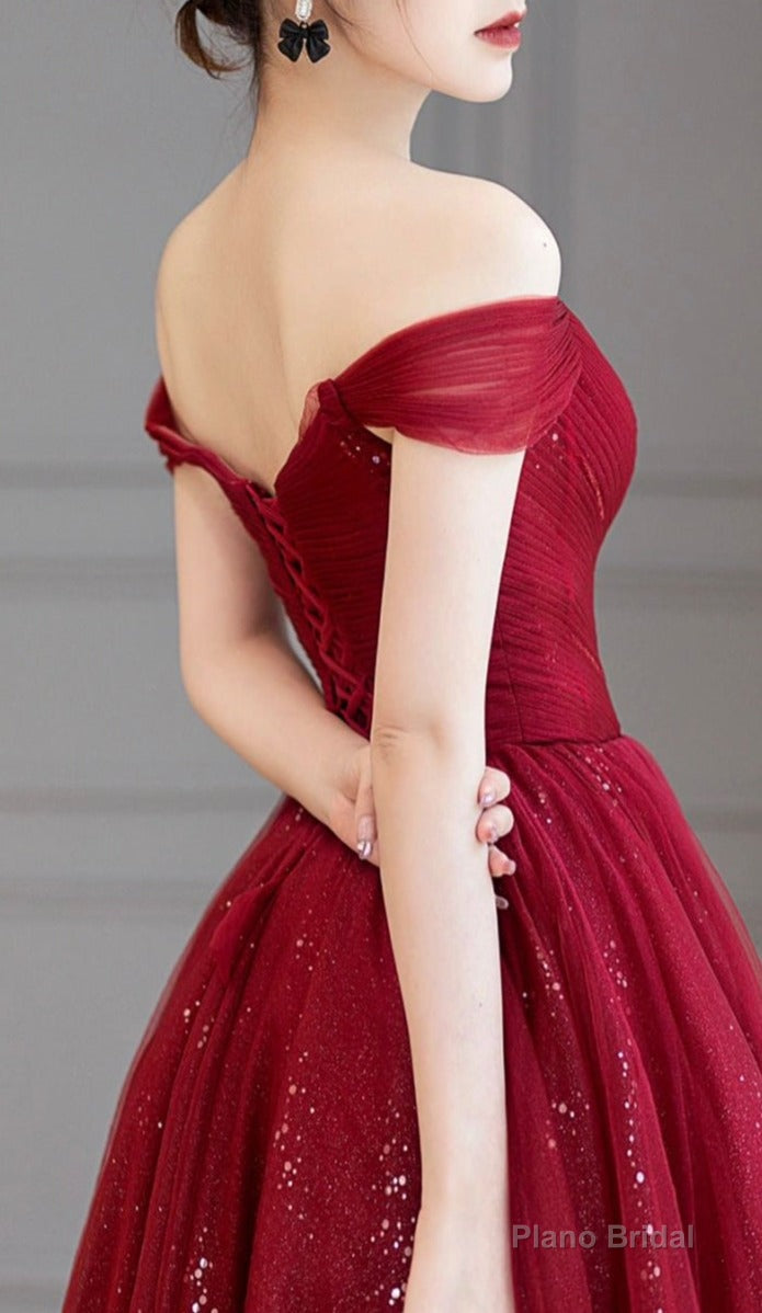 Urgundy Tulle Long Prom Dress, A-Line Off The Shoulder Evening Dress