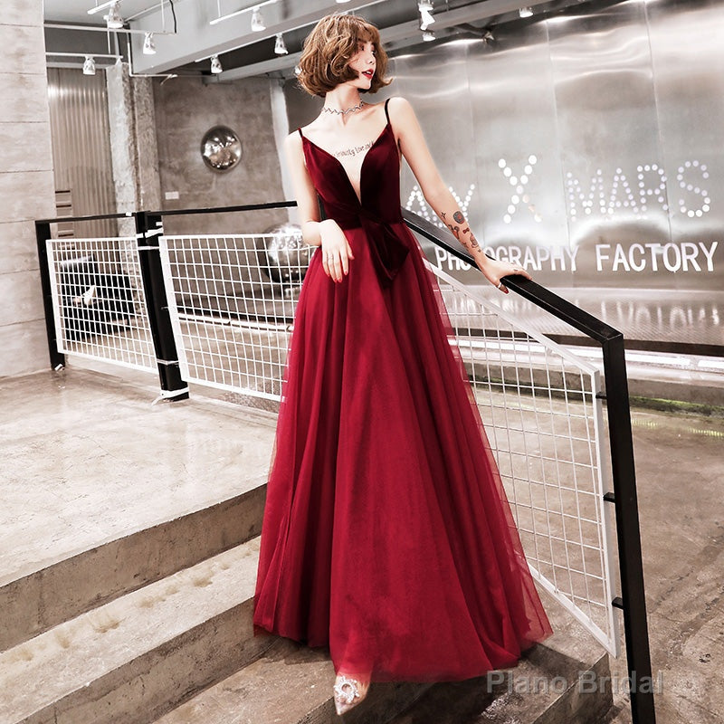 Burgundy velvet tulle prom dress evening dress Secondary image