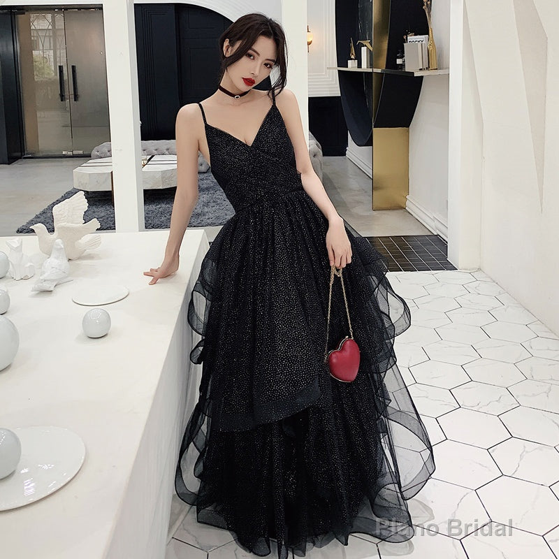 Black tulle sequins prom dress evening dress Main image