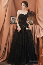 Black tulle sequins long prom dress A line evening dress