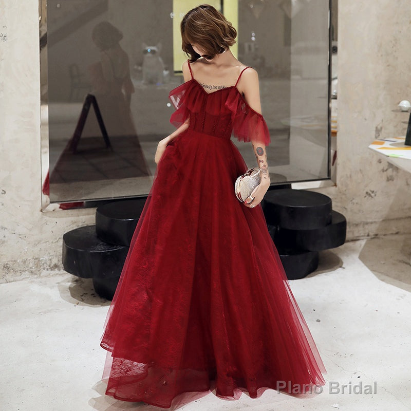 Burgundy lace long prom dress simple evening dress Main image