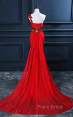 Trumpet Mermaid One Shoulder Chiffon Appliques Lace Beading Red Long Formal Prom Dresses