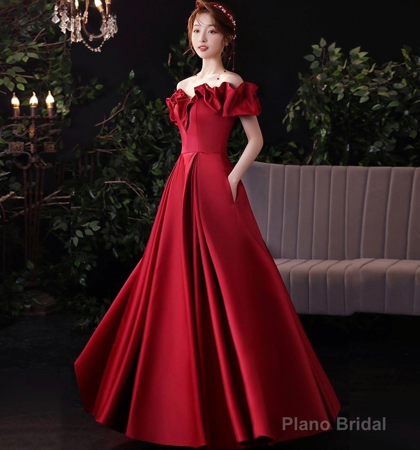 Burgundy satin long prom dress evening dress Secondary image