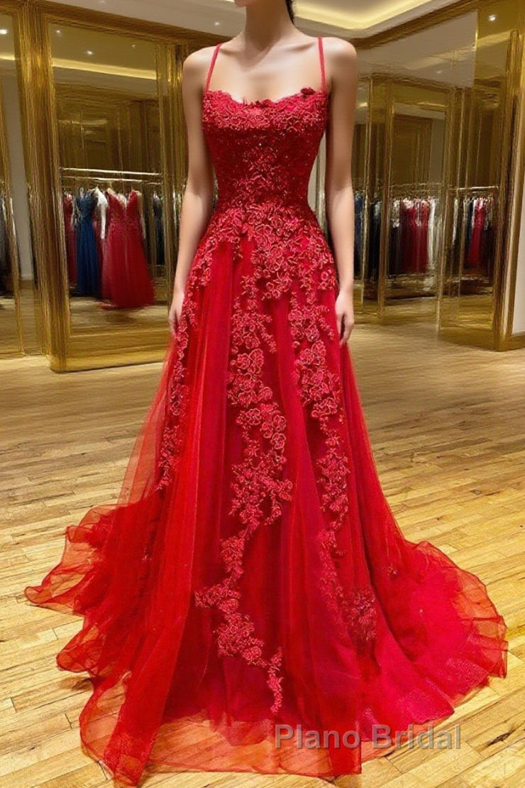 Red Long Formal Prom Dresses Chic & Modern Lace Applique Straps Prom Dresses Main image