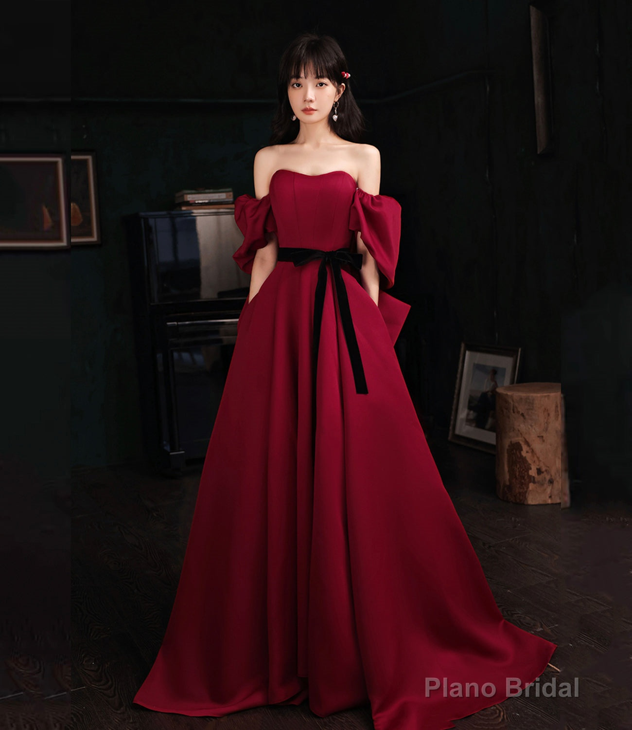 Burgundy satin long prom dress A line evening dress Main image