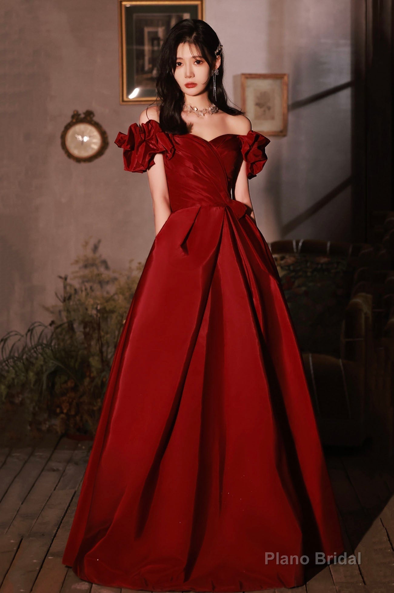 Burgundy satin long prom dress A line evening dress Main image