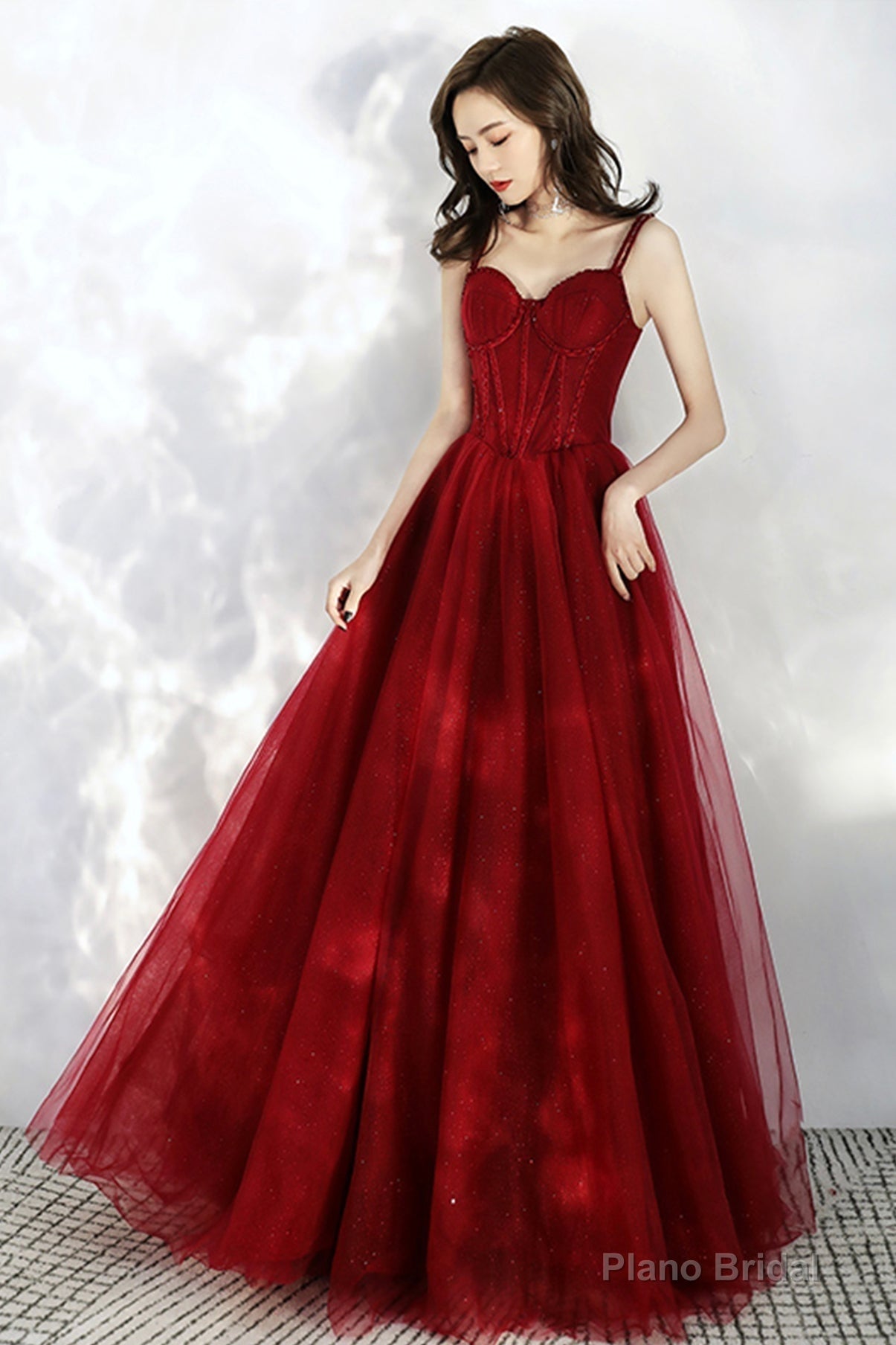 Burgundy tulle long A line prom dress evening dress Secondary image