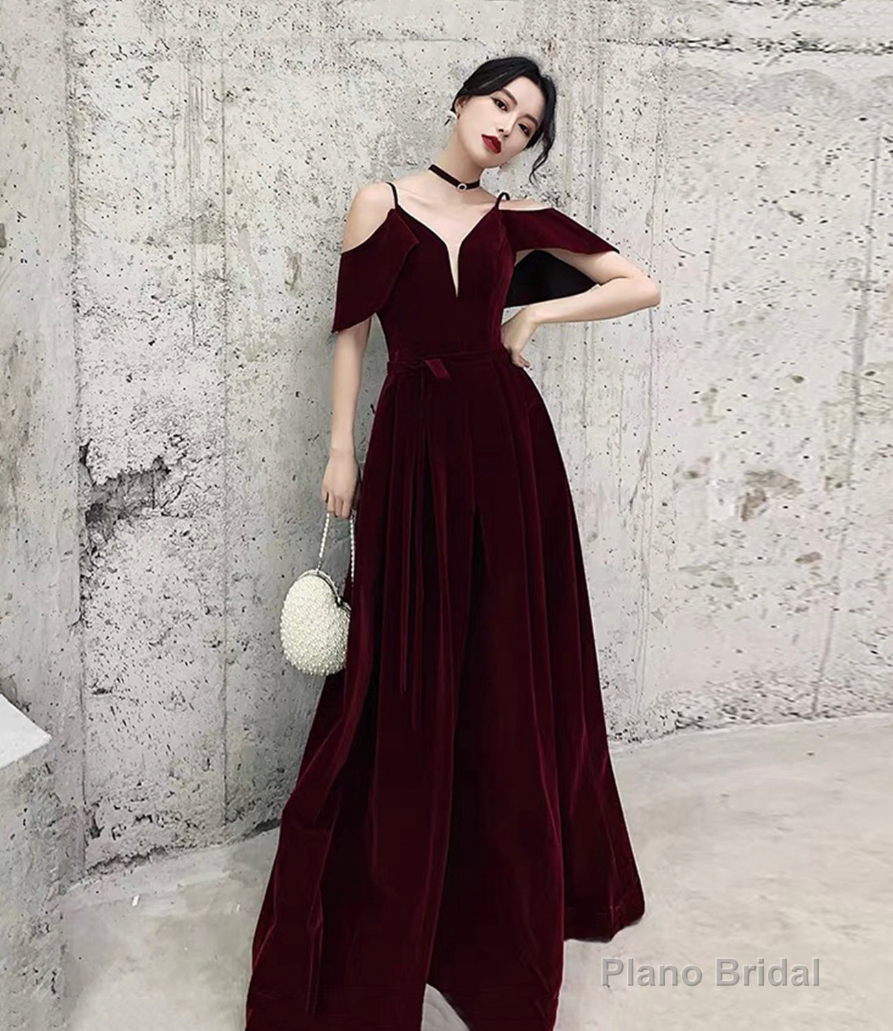 Burgundy velvet long prom dress A line evening gown Main image