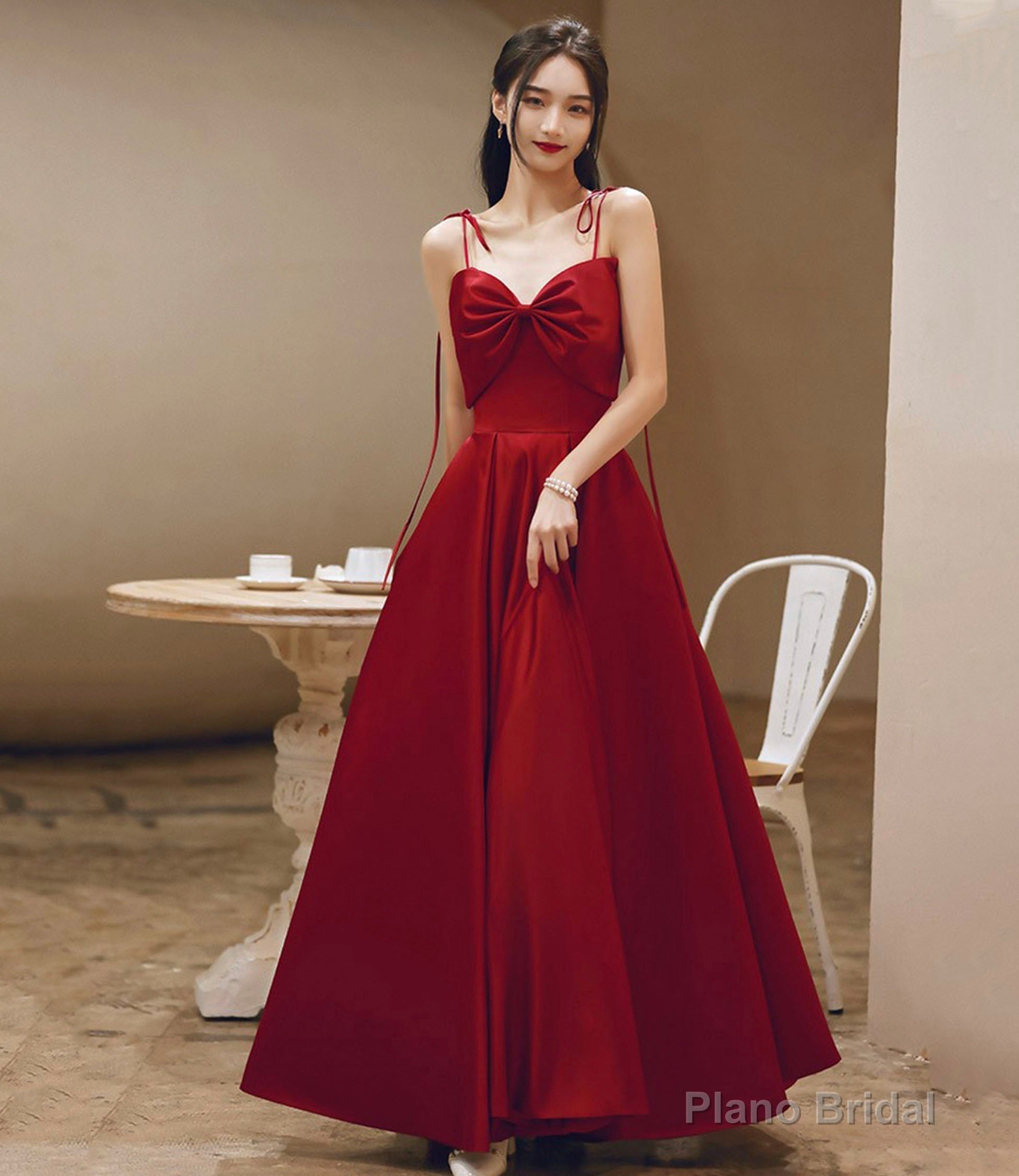 Burgundy satin long prom dress A-line evening dress Main image