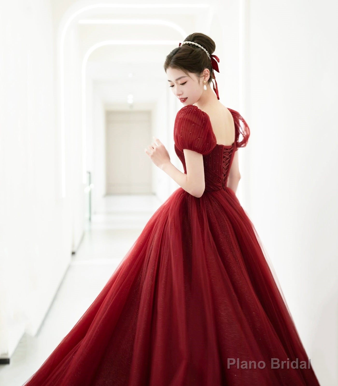 Burgundy Tulle Beaded Long Prom Dress, Beautiful A-Line Evening Party Dress Secondary image