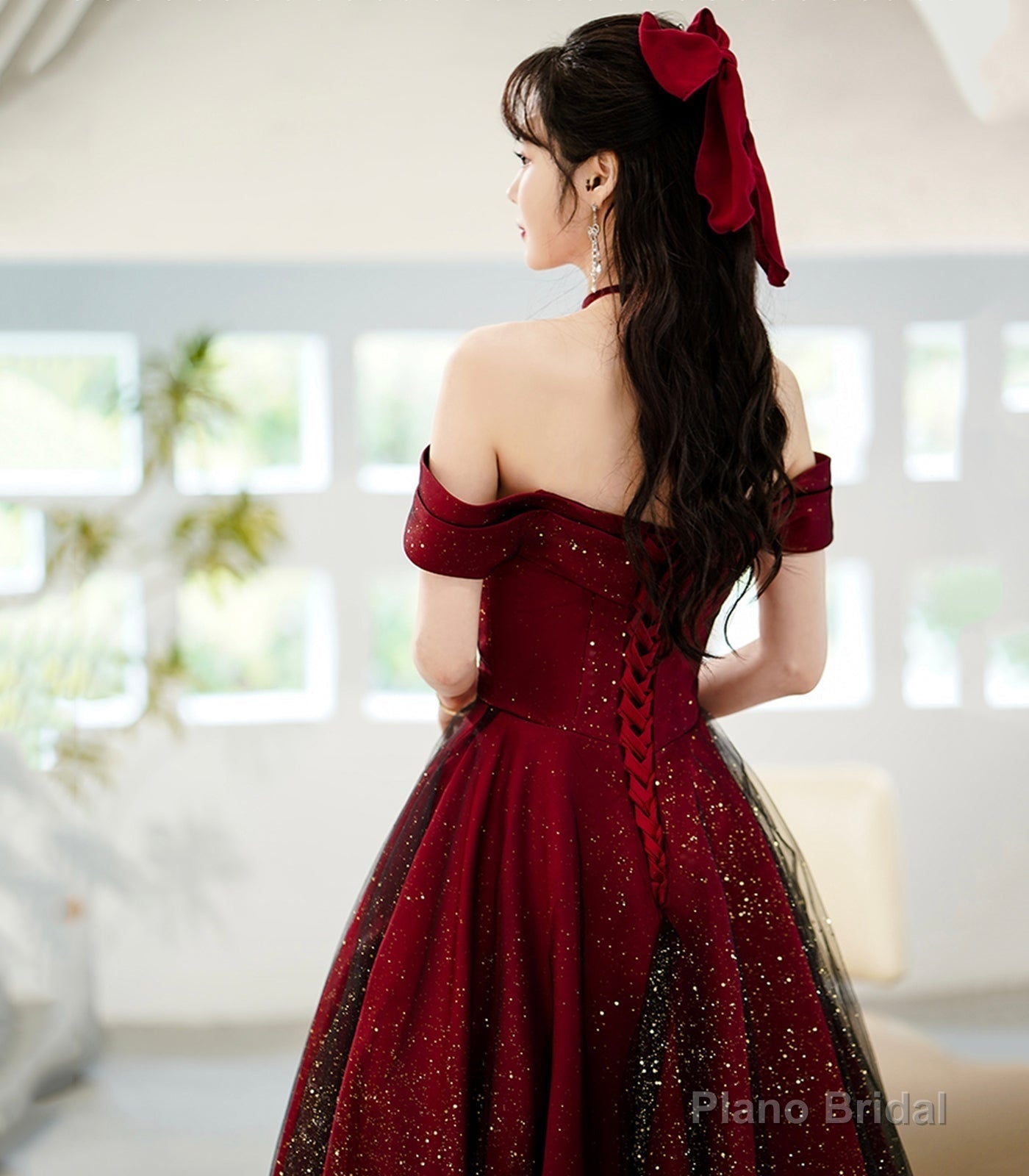 Burgundy Satin Tulle Long Prom Dress, A-Line Off the Shoulder Evening Dress