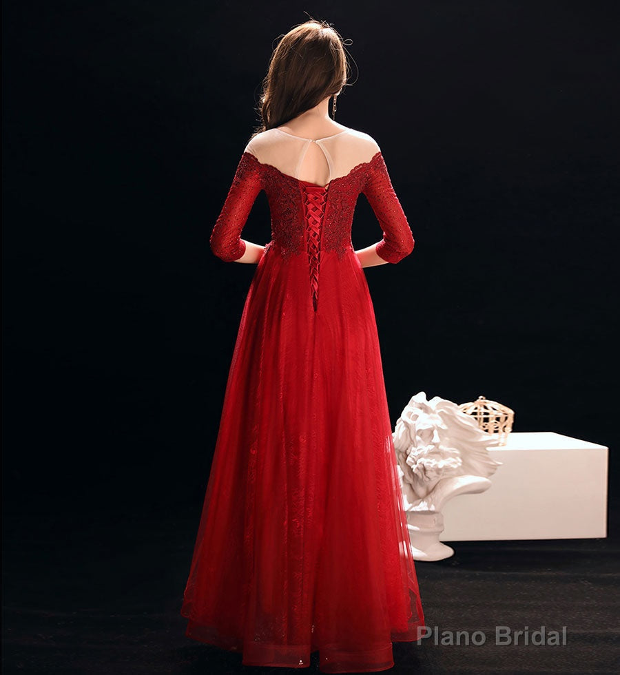 Burgundy lace tulle prom dress evening dress Secondary image