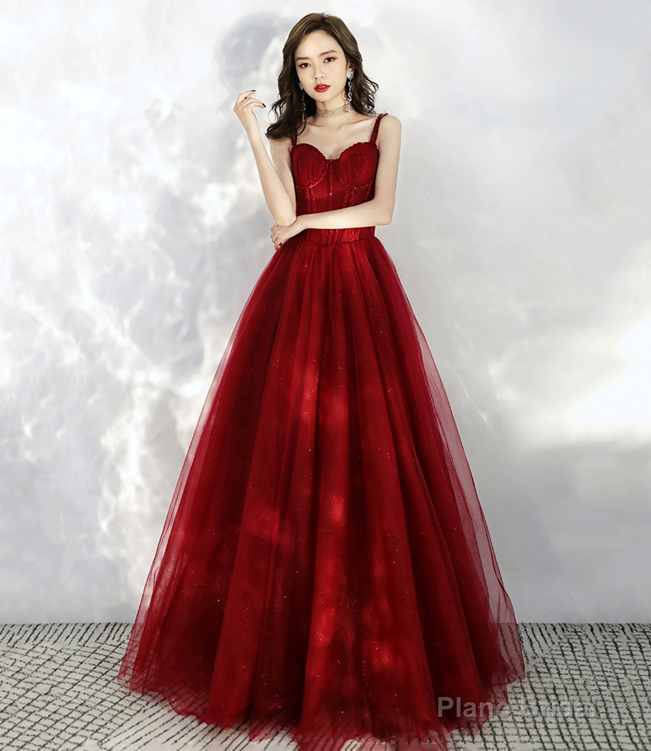 Burgundy tulle long A line prom dress evening dress Main image