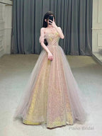 Shiny Tulle Sequins Long Prom Dress, Off the Shoulder Evening Party Dress