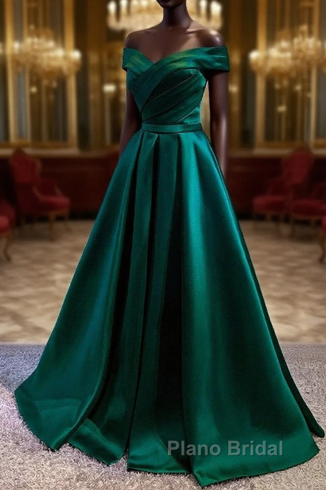 Satin Emerald Green Pleated A-Line Off-shoulder Formal Prom Dresses