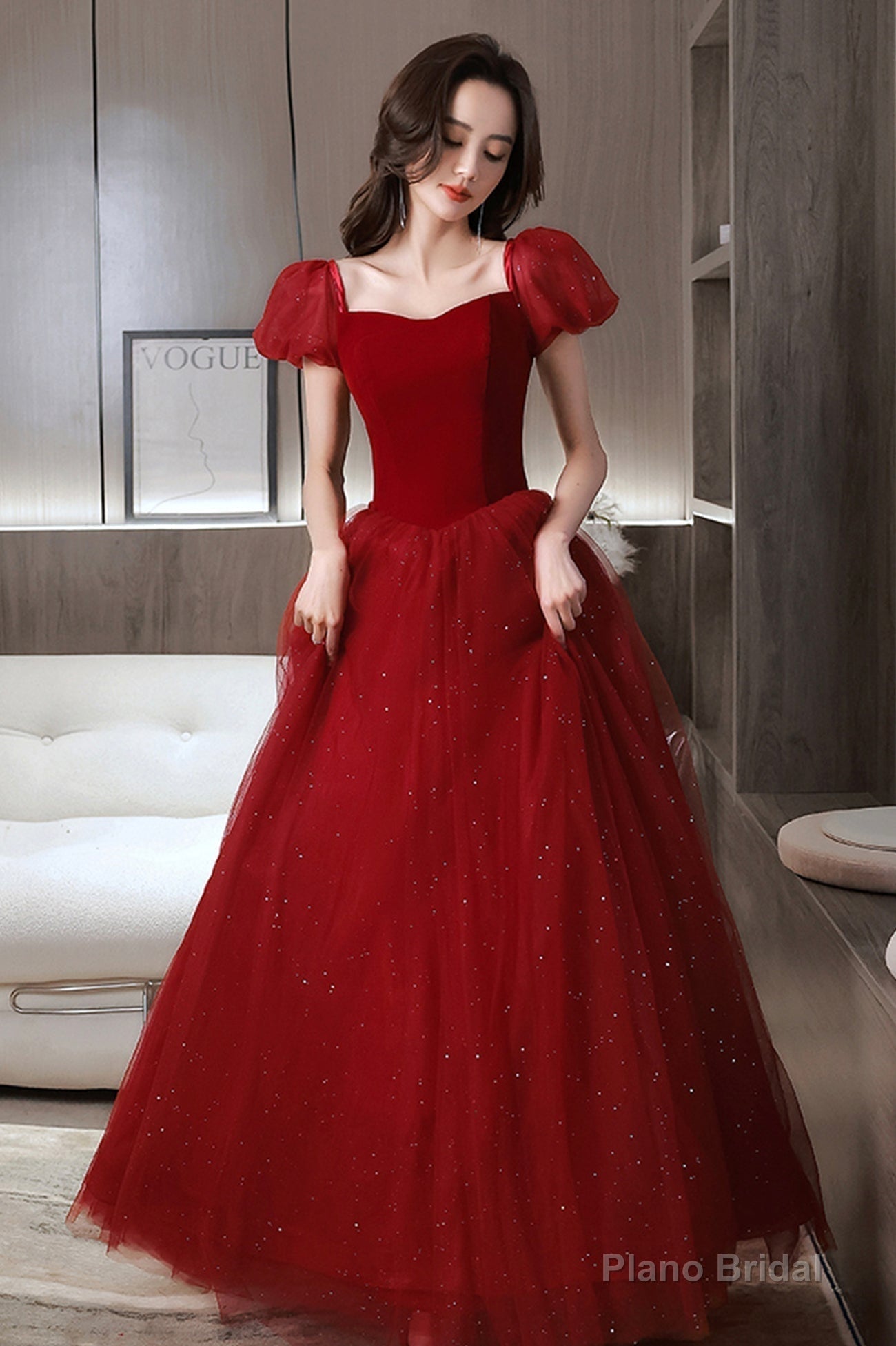 Burgundy velvet tulle long prom dress A line evening dress Secondary image