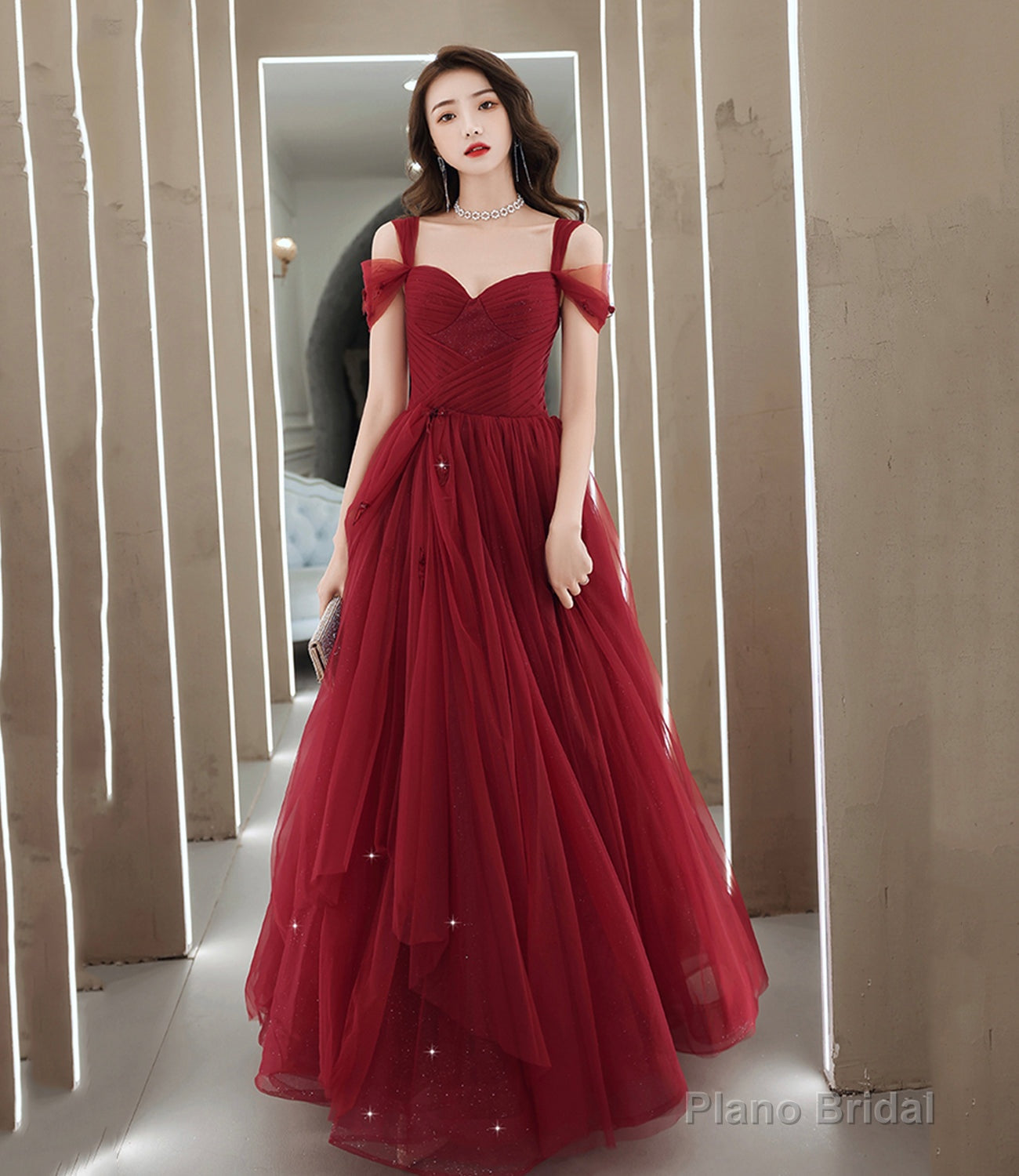 Burgundy tulle long prom dress A line evening dress Main image