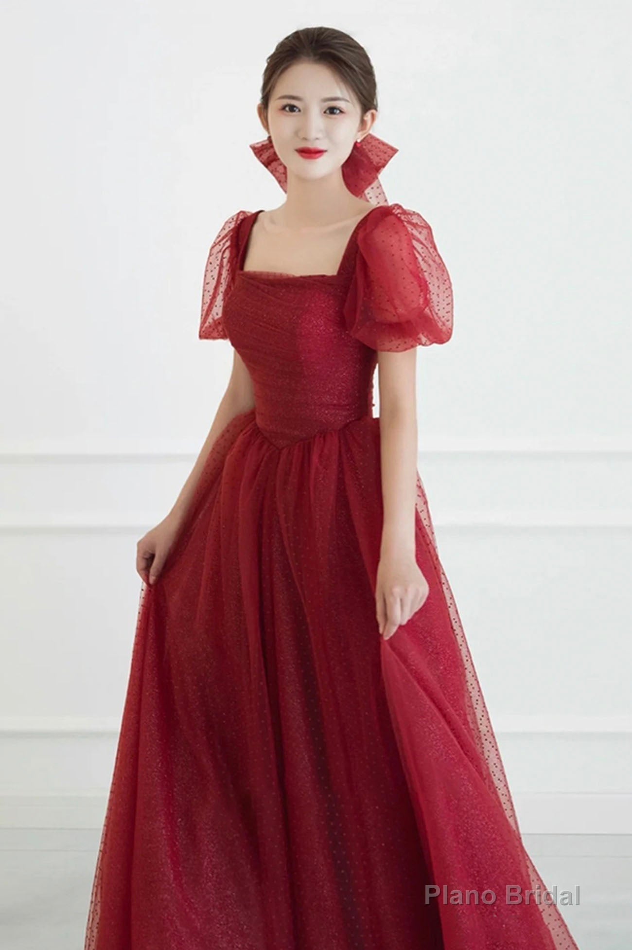Red tulle long prom dress A line evening dress Secondary image