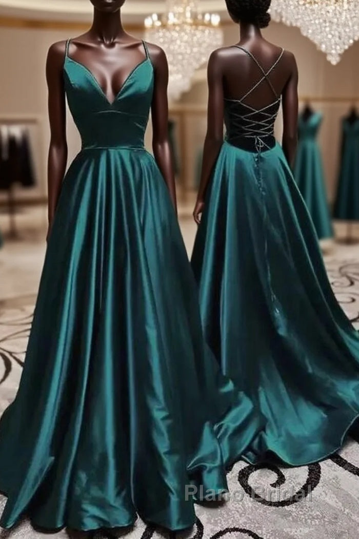 Elegant V Neck Spaghetti Straps A-line Dark Green Formal Prom Dresses Main image