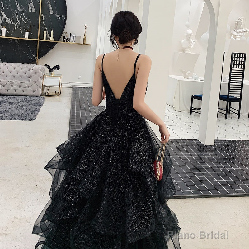 Black tulle sequins prom dress evening dress