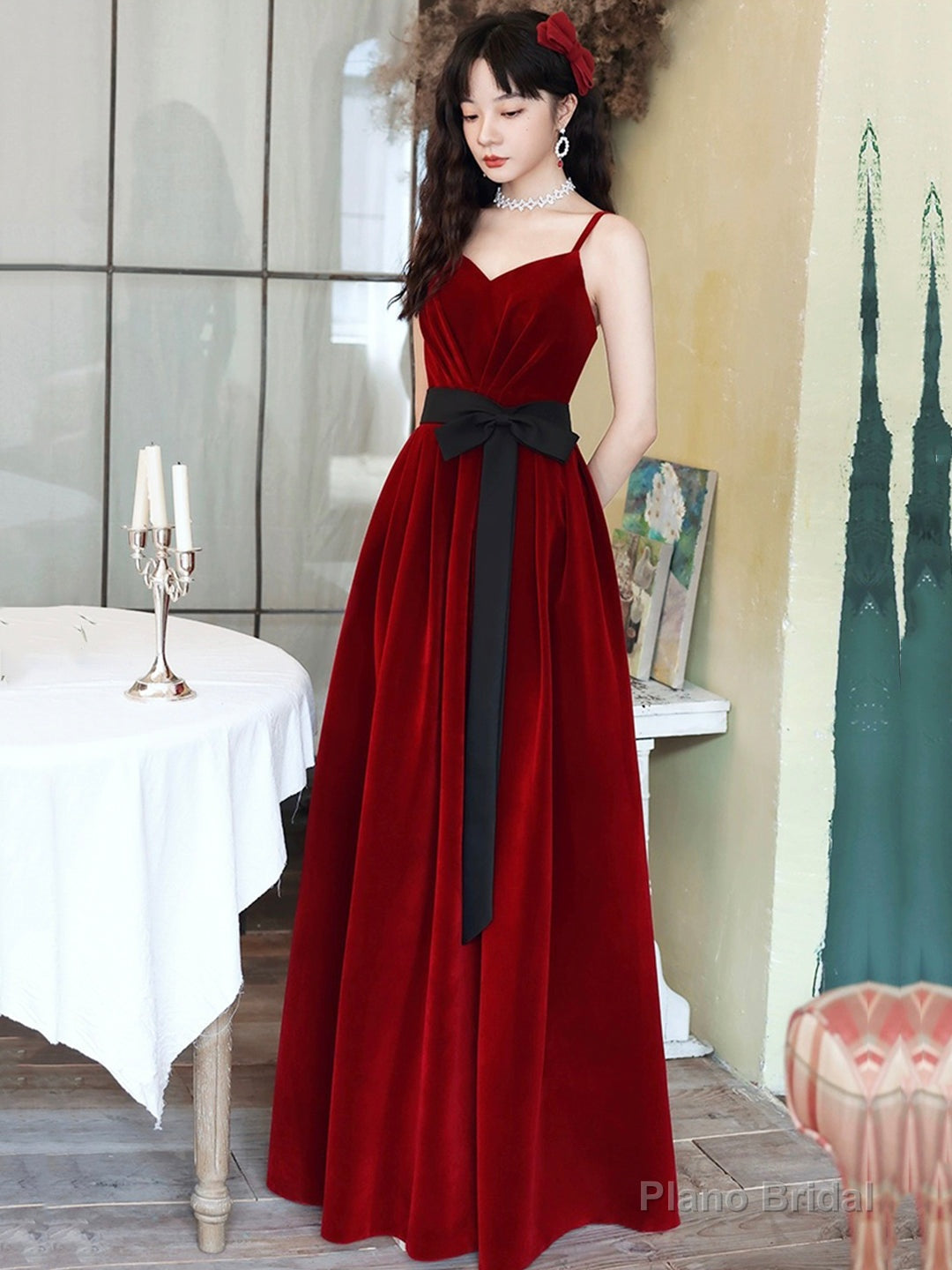 Burgundy Spaghetti Strap Velvet Long A-Line Prom Dress Secondary image