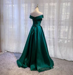 Satin Emerald Green Pleated A-Line Off-shoulder Formal Prom Dresses