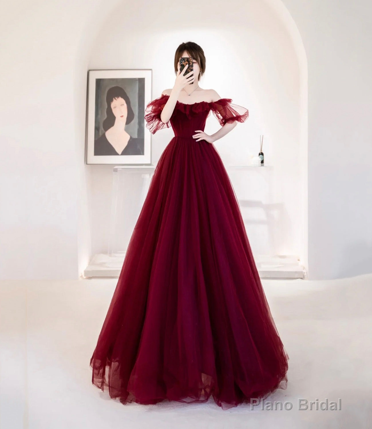 Burgundy Tulle Long Prom Dress A Line Evening Dress Main image