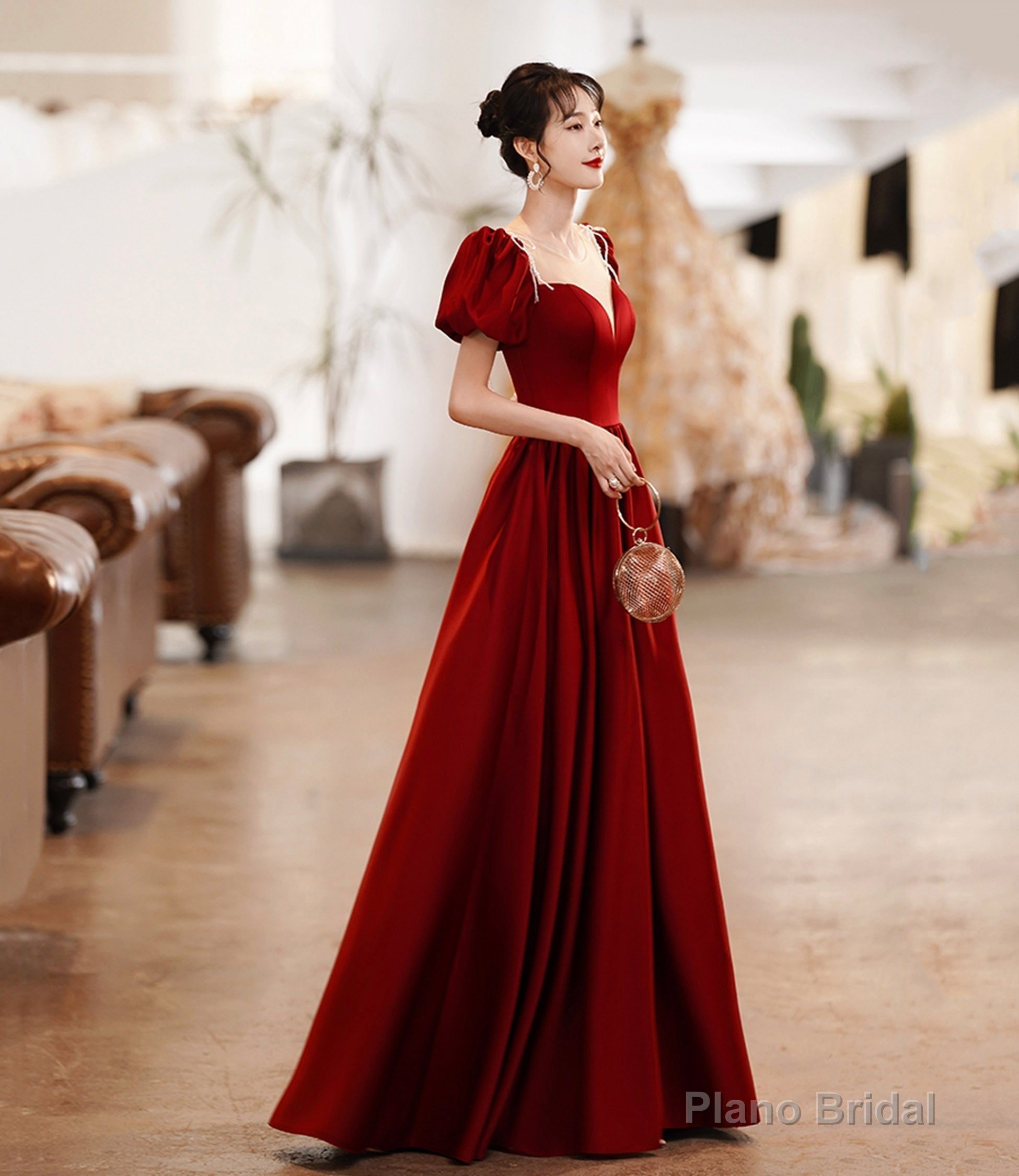 Burgundy satin long prom dress A line evening dress Main image