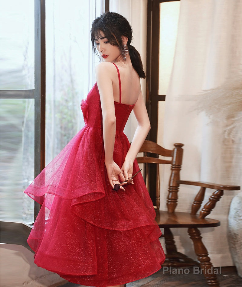 Burgundy v neck tulle sequins prom dress homecoming dress