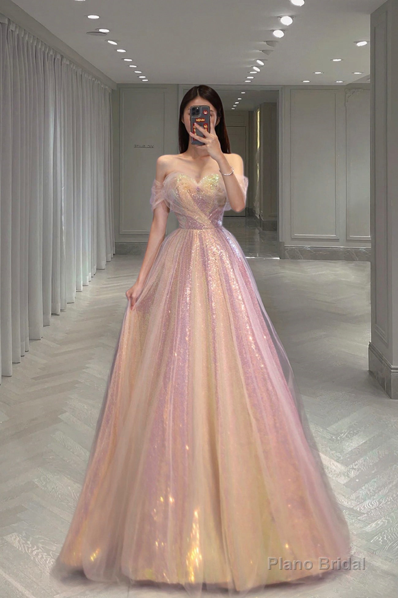 Shiny tulle sequins long prom dress eveing dress