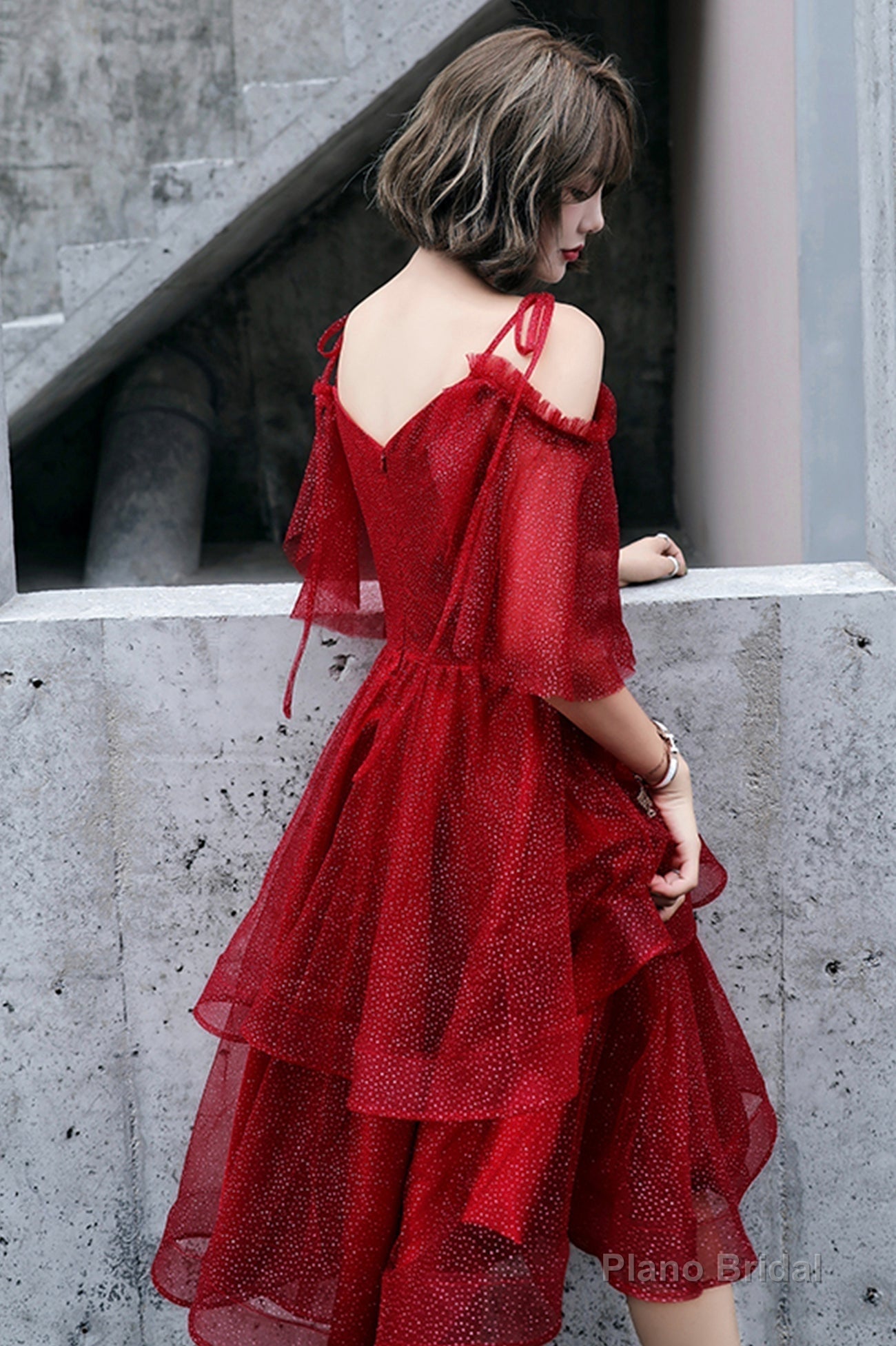 Burgundy tulle long prom dress A line evening dress Secondary image