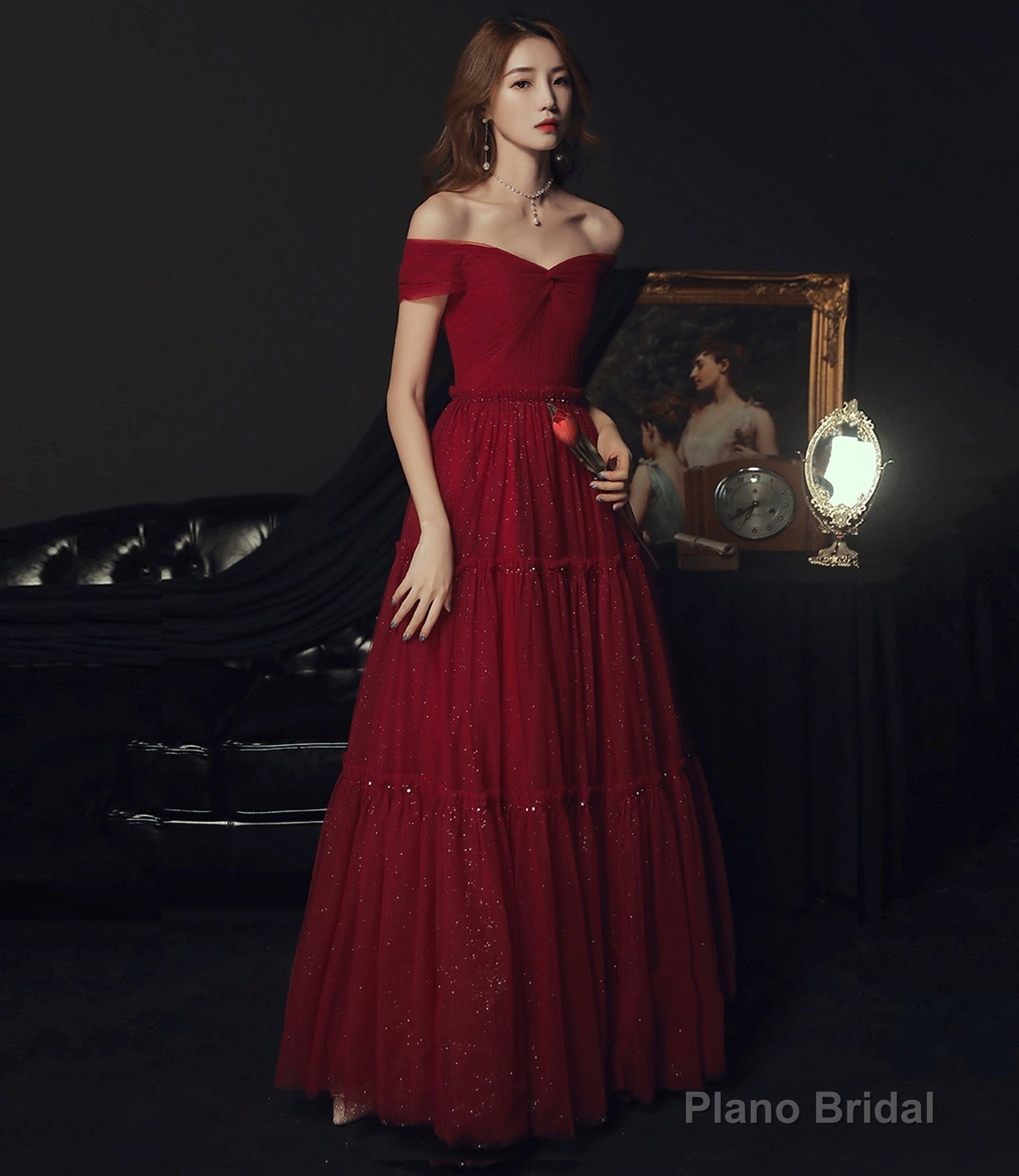 Burgundy tulle off shoulder prom dress evening dress Main image