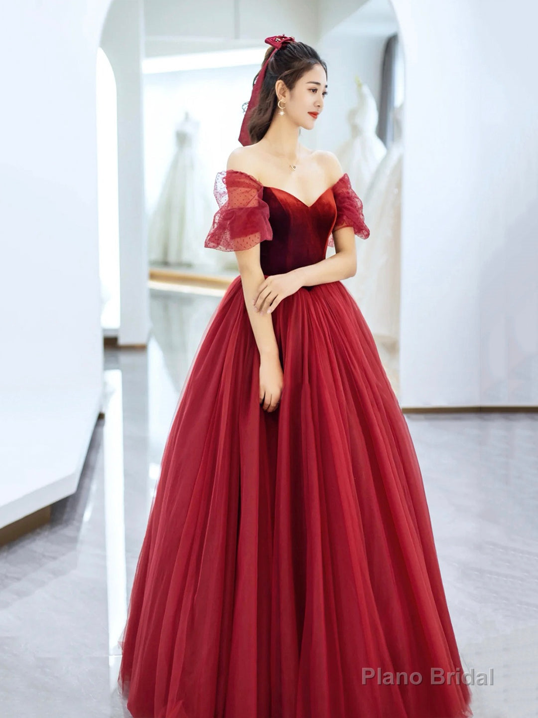 Burgundy Velvet and Tulle Long Prom Dress Secondary image