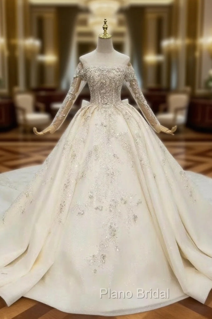 Find All Of The Latest Styles Champagne Ball Gown Tulle Off the Shoulder Long Sleeve Beading Wedding Dresses Main image
