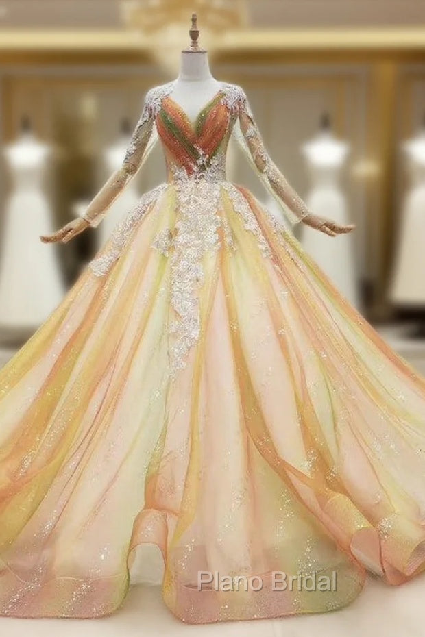 Find Plenty Of Champagne Ball Gown Tulle Long Sleeve V-neck Appliques Wedding Dresses