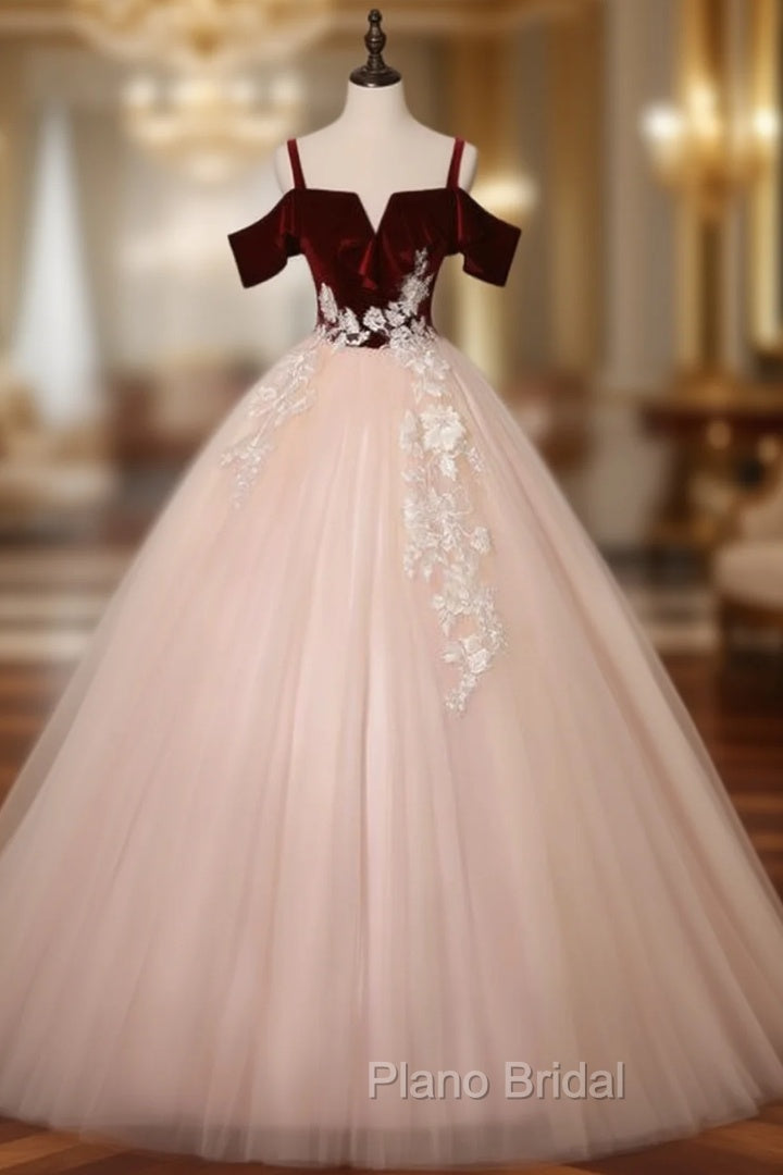 Find Your Dresses For Formal Prom! Burgundy Velvet Pink Tulle Spagehtti Straps Appliques Quinceanera Dresses Main image