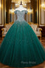 Find Your Dresses For Formal Prom! Dark Green Ball Gown Tulle Off the Shoulder Beading Sequins Quinceanera Dresses