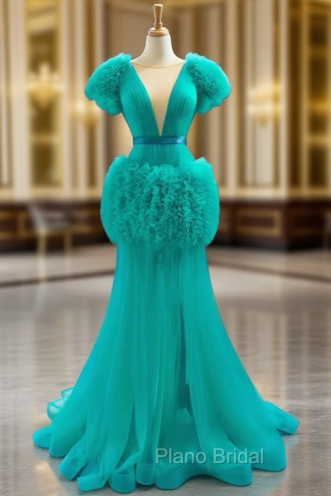 Find Your Dresses For Formal Prom! Green Mermaid Tulle Reffuls Pleats Long Formal Prom Dresses Main image