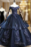 Find Your Dresses For Formal Prom! Navy Blue Ball Gown Tulle Appliques Off the Shoulder Beading Quinceanera Dresses
