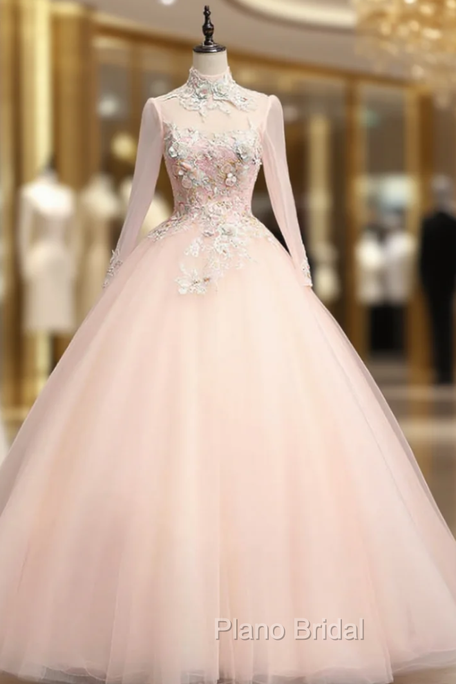 Find Your Dresses For Formal Prom! Pink Ball Gown Tulle Long Sleeve Backless Appliques Quinceanera Dresses Main image