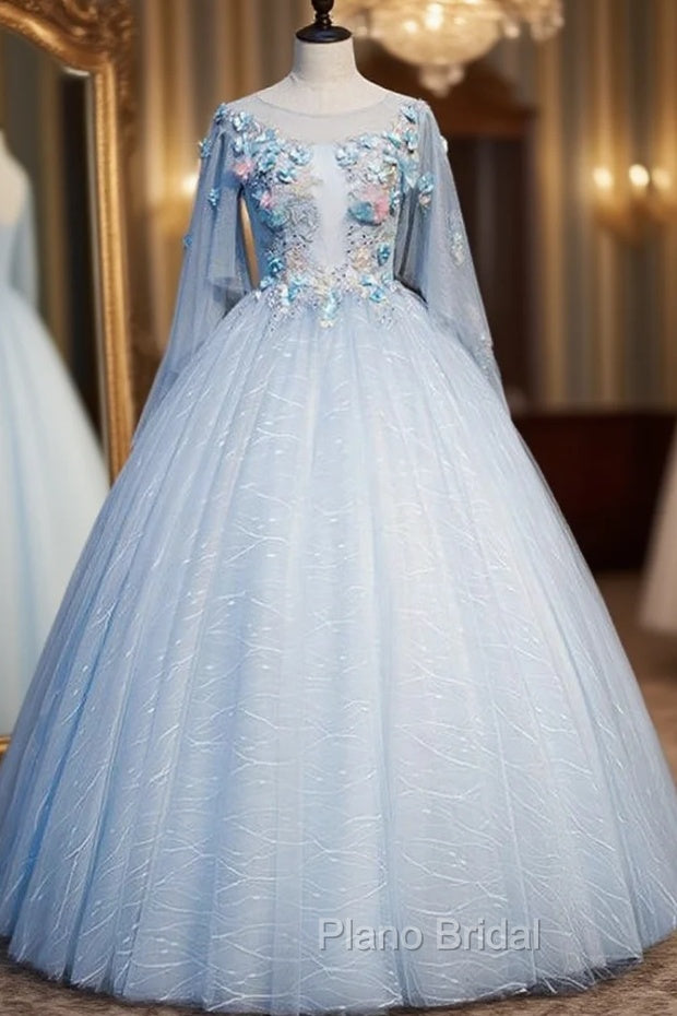 Find Your Dresses For Formal Prom! Sky Blue Ball Gown Tulle Appliques 3/4 Sleeve Quinceanera Dresses Main image