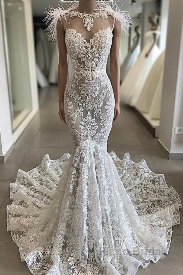 Fit and Flare Lace Crystals Necklace Wedding Dresses Open Back Bridal Gowns with Feather Main image