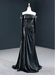 Fit Your Body Type Black Mermaid Satin Off the Shoulder Long Sleeve Beading With Removable Sleeve